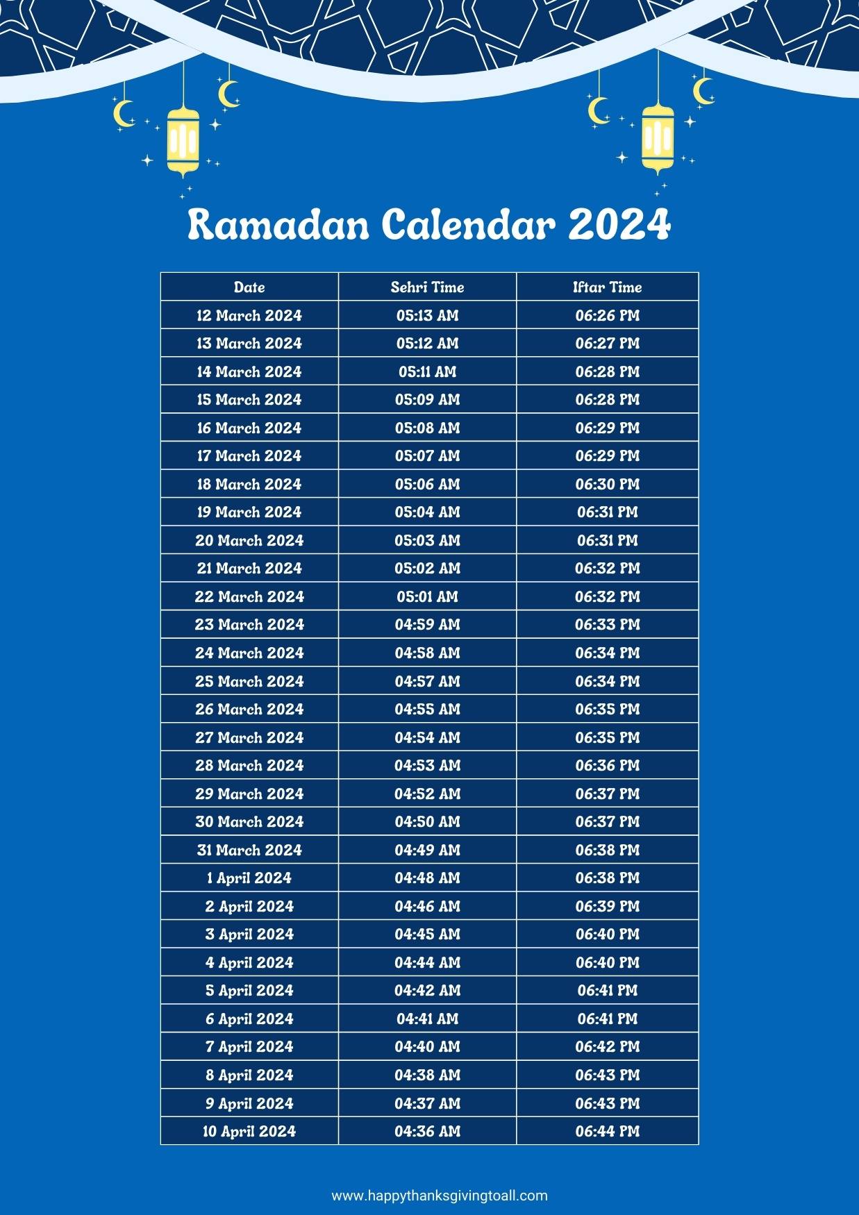 Ramadan Calendar 2024 with Sehri and Iftar Time, See the Time Table and